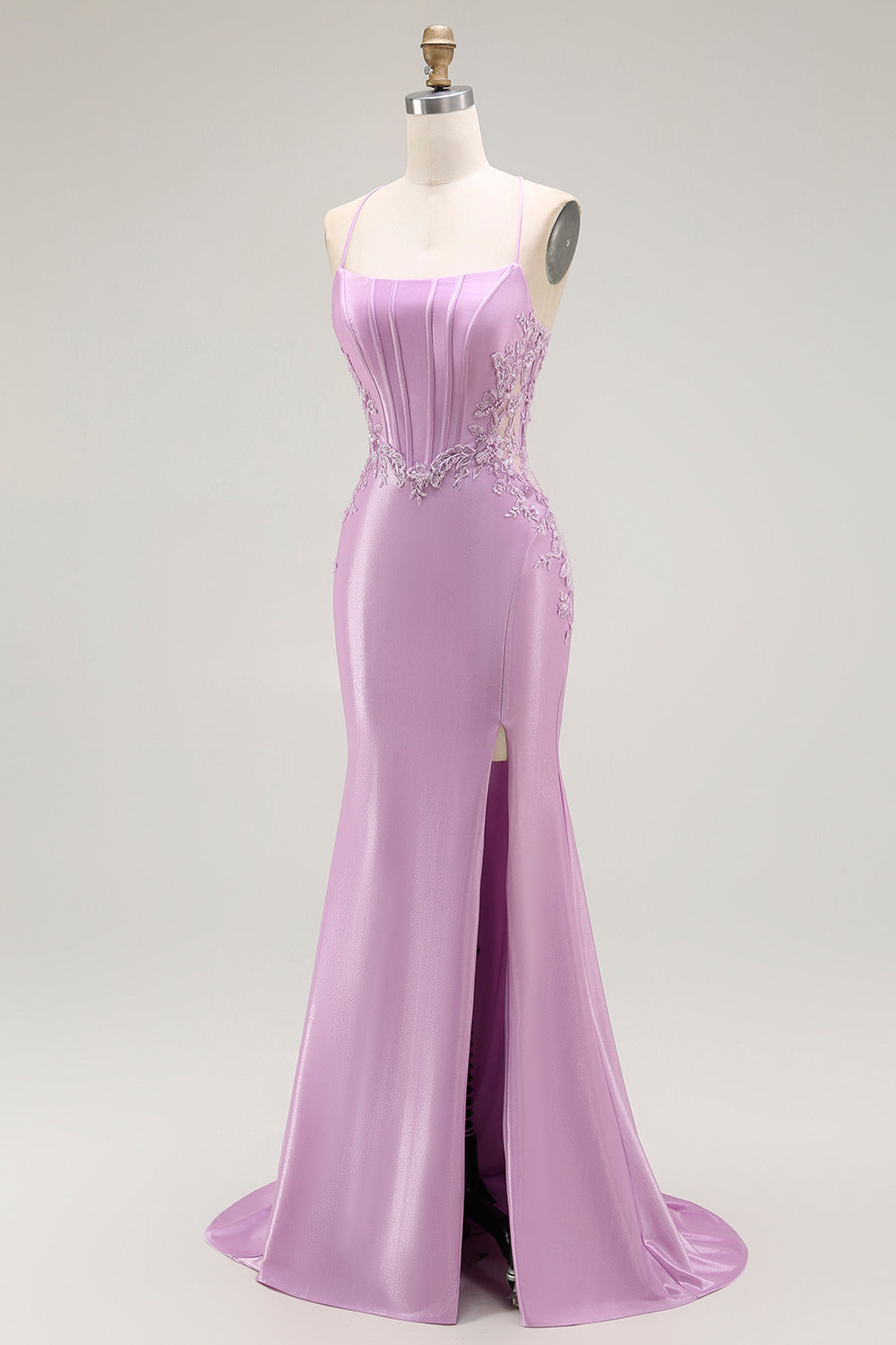 Vestido largo de fiesta con corsé de tirantes finos de sirena morada con abertura