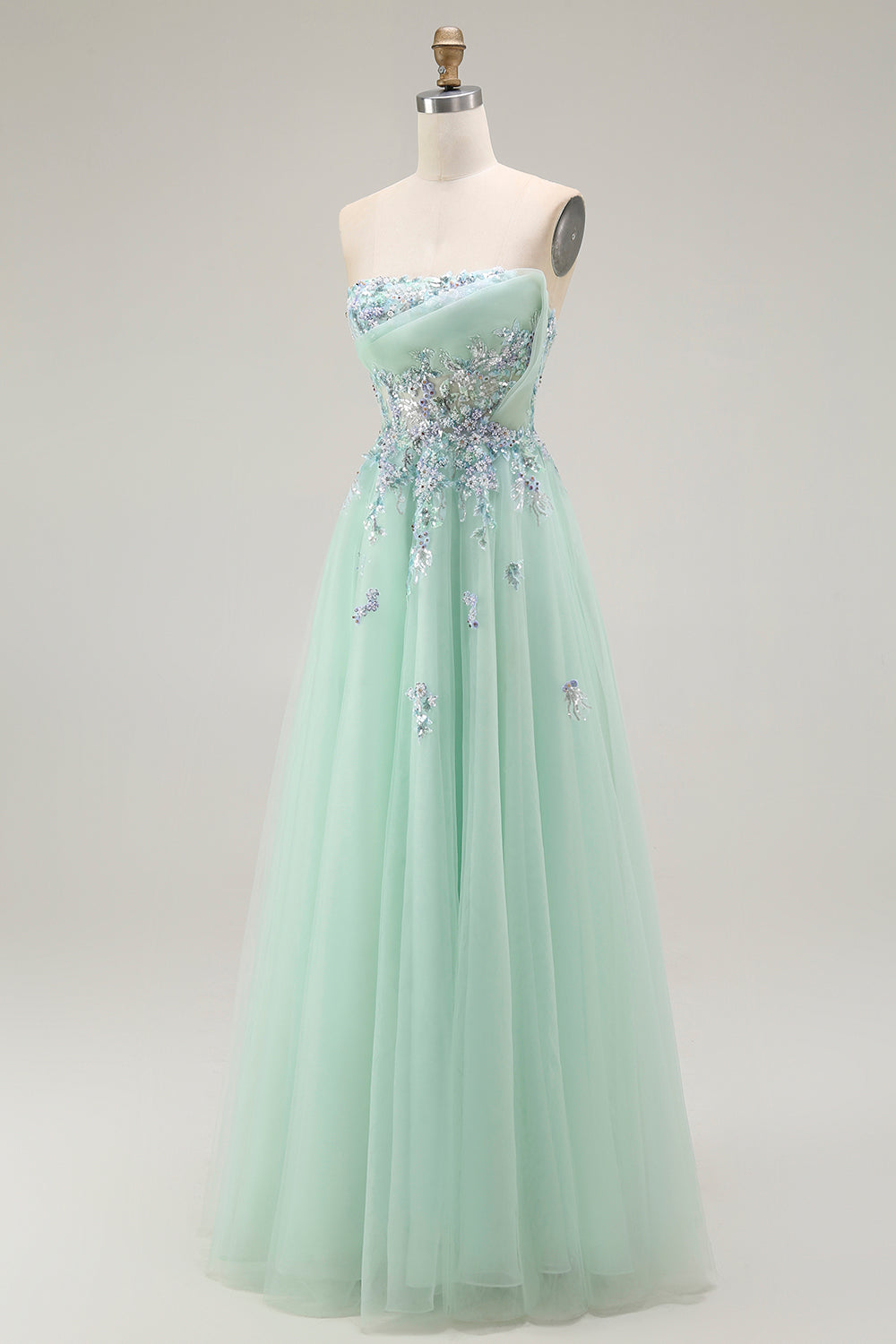 Vestido largo de fiesta con corsé transparente de tul sin tirantes verde con apliques