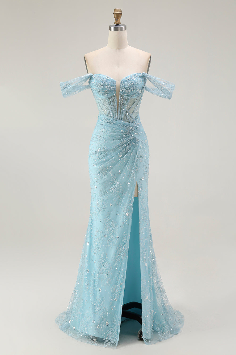 Vestido largo de fiesta con cuentas y cuentas de sirena azul con hombros descubiertos y abertura
