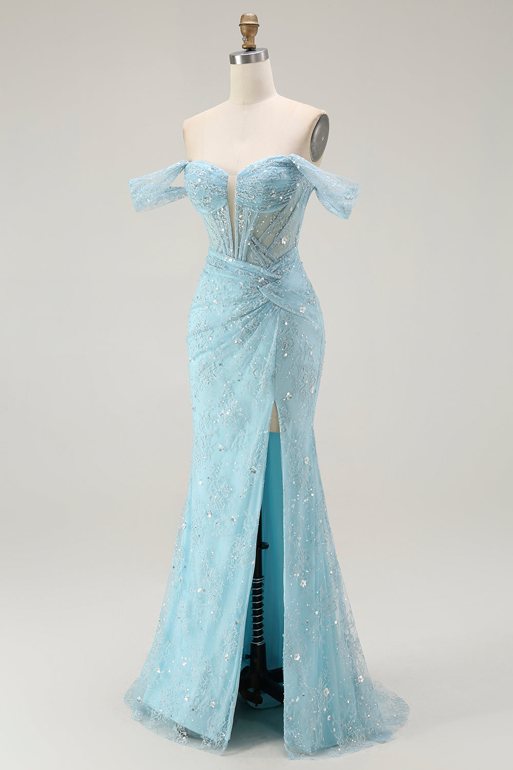 Vestido largo de fiesta con cuentas y cuentas de sirena azul con hombros descubiertos y abertura