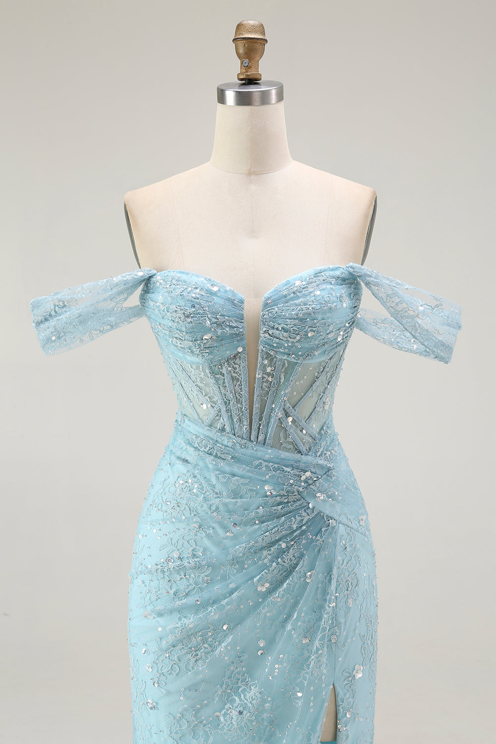 Vestido largo de fiesta con cuentas y cuentas de sirena azul con hombros descubiertos y abertura