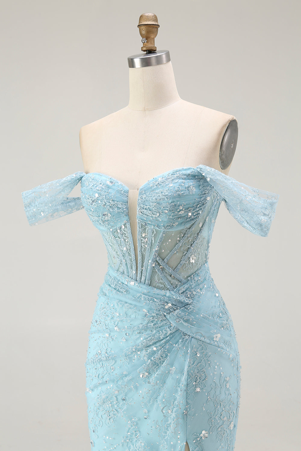Vestido largo de fiesta con cuentas y cuentas de sirena azul con hombros descubiertos y abertura