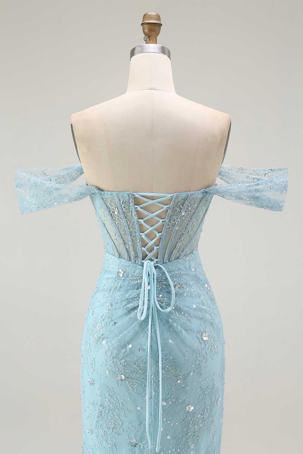 Vestido largo de fiesta con cuentas y cuentas de sirena azul con hombros descubiertos y abertura