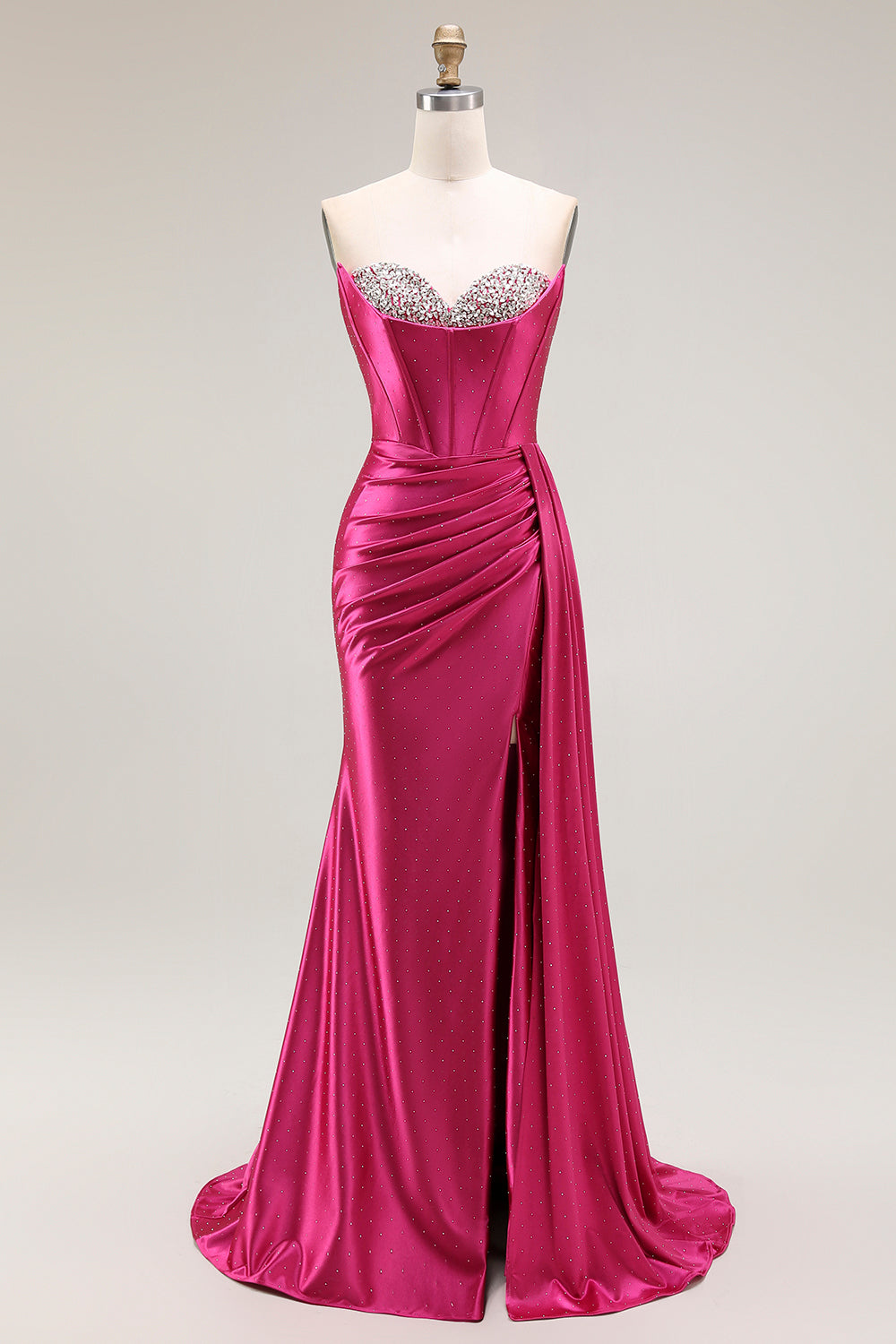 Vestido largo de fiesta plisado con cuentas de sirena fucsia brillante con abertura