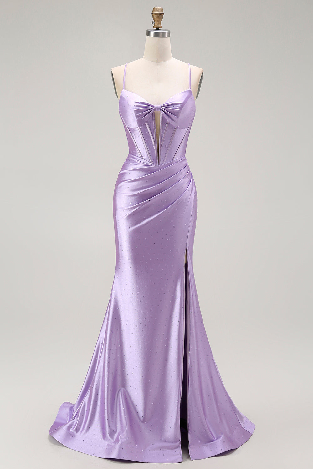 Vestido largo de fiesta con corsé de tirantes finos de sirena morada con cuentas y abertura