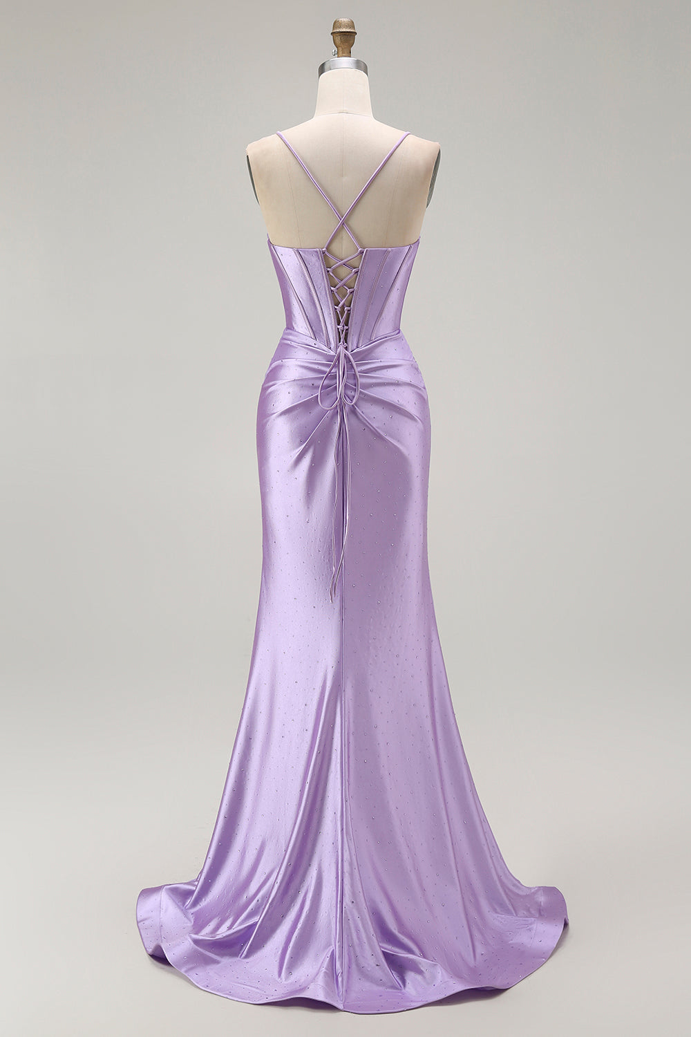 Vestido largo de fiesta con corsé de tirantes finos de sirena morada con cuentas y abertura