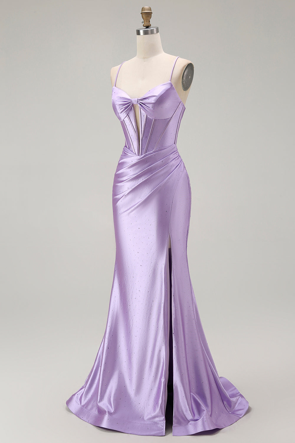 Vestido largo de fiesta con corsé de tirantes finos de sirena morada con cuentas y abertura