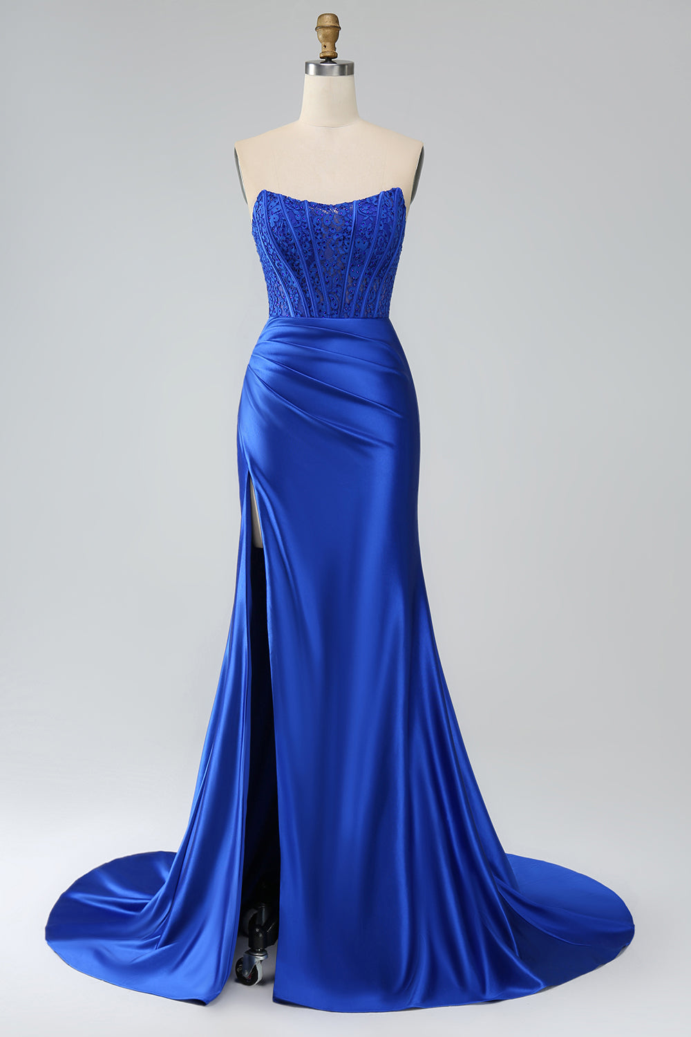 Vestido de fiesta de corsé largo sin tirantes de sirena azul real con abertura