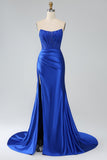 Vestido de fiesta de corsé largo sin tirantes de sirena azul real con abertura