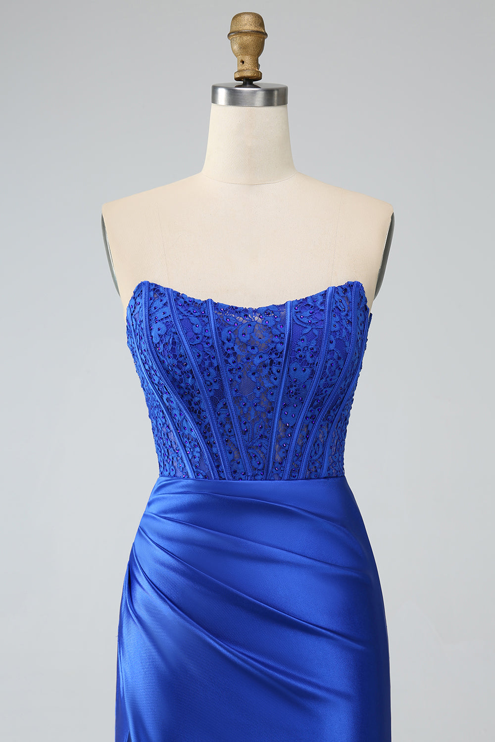 Vestido de fiesta de corsé largo sin tirantes de sirena azul real con abertura
