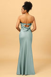 Vestido de dama de honor de sirena satén azul gris