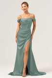 Vestido largo de dama de honor con corsé fruncido de hombro frío de sirena de café con abertura