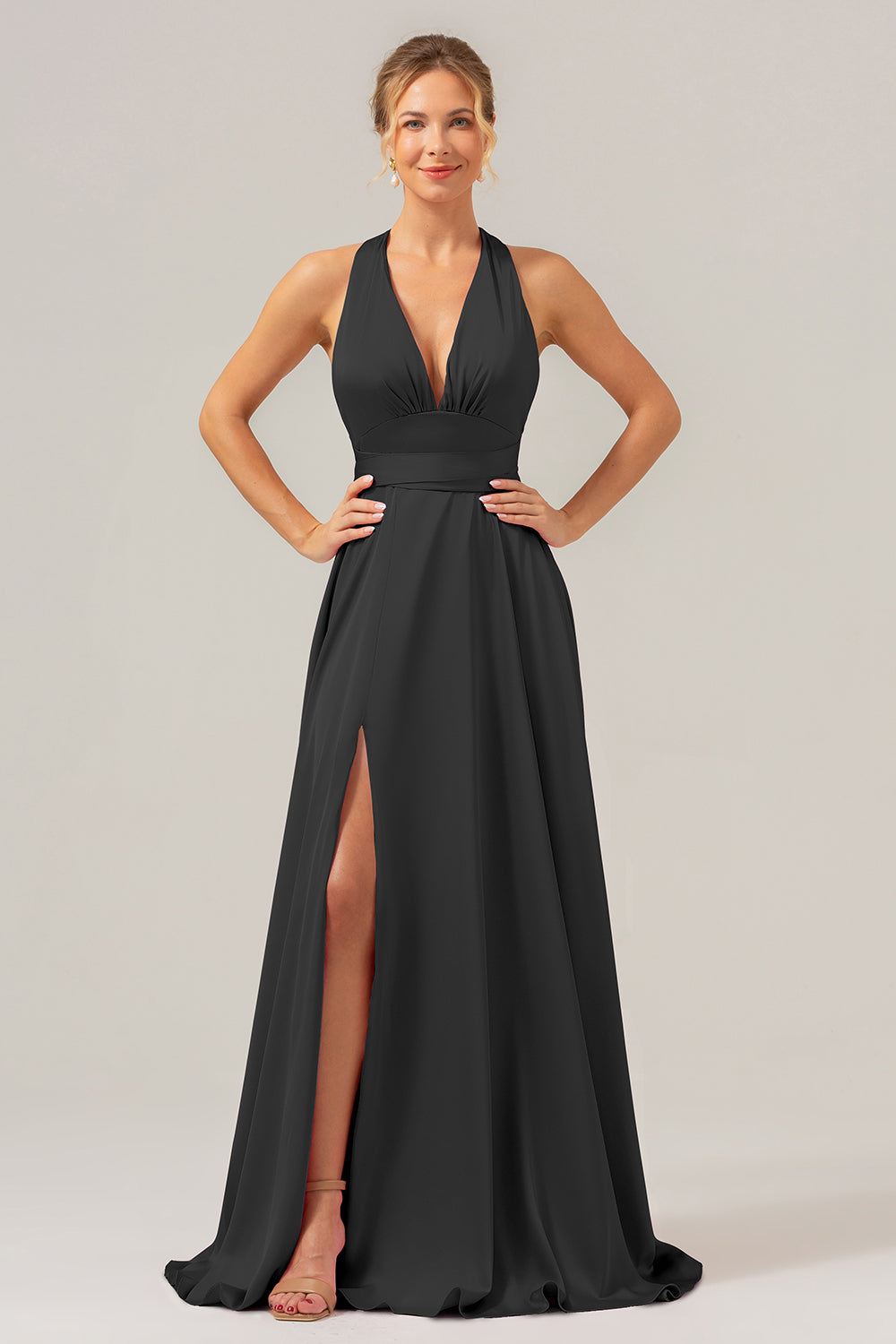 Vestido de dama de honor largo de satén sin espalda con escote en V rosa A Line con abertura