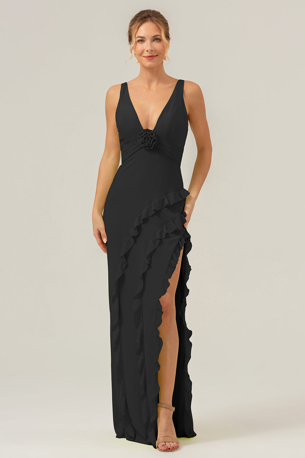 Vestido de dama de honor largo con escote en V profundo y cuello en V profundo con abertura de volantes