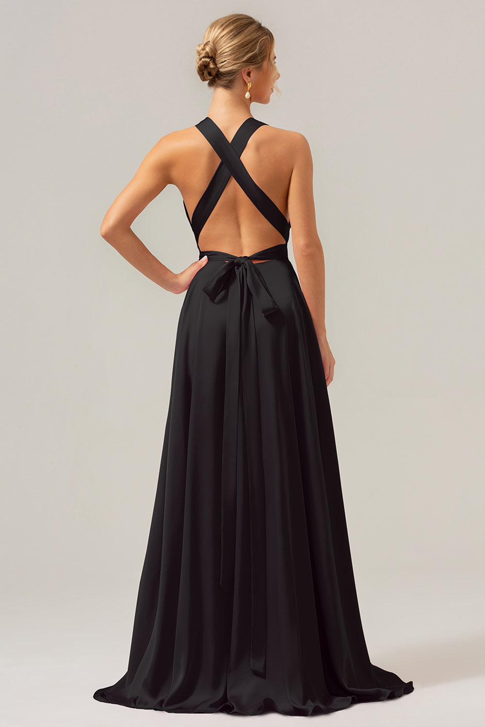 Vestido de dama de honor largo de satén sin espalda con escote en V rosa A Line con abertura
