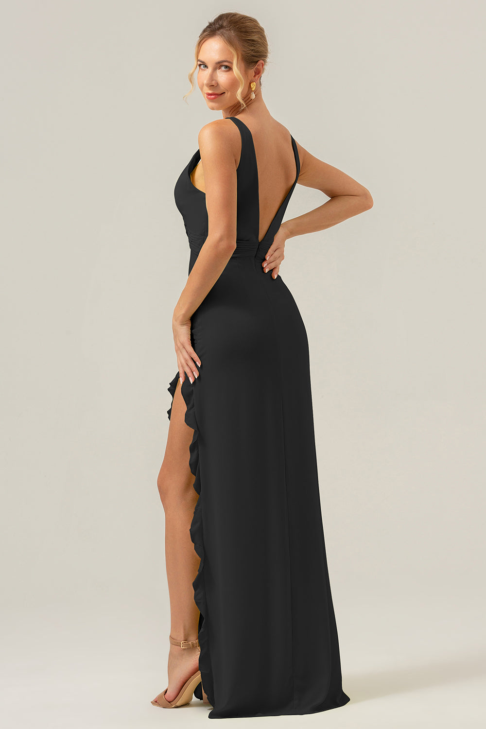Vestido de dama de honor largo con escote en V profundo y cuello en V profundo con abertura de volantes