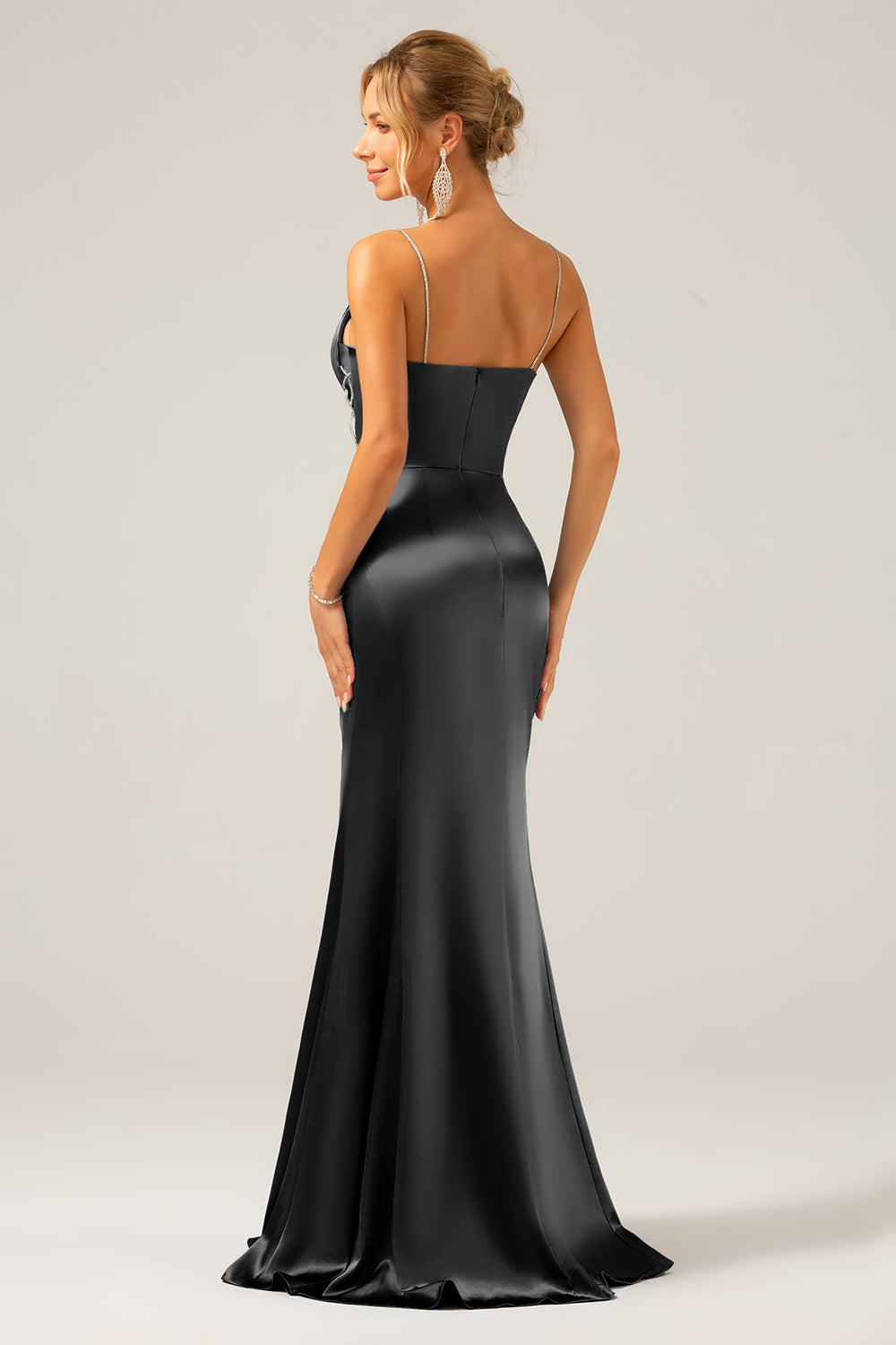 Vestido largo plisado de tirantes de satén gris azul sirena