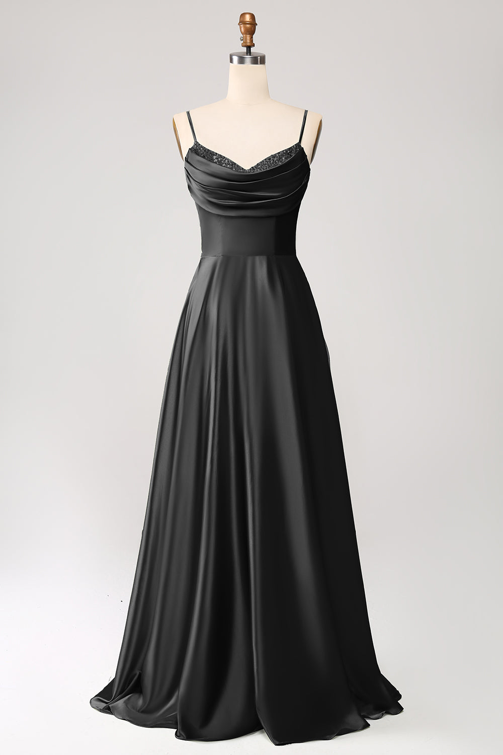 Salvia Polvorienta Una línea Cuello Capucha Satén Vestido Largo De Fiesta Con Plisado