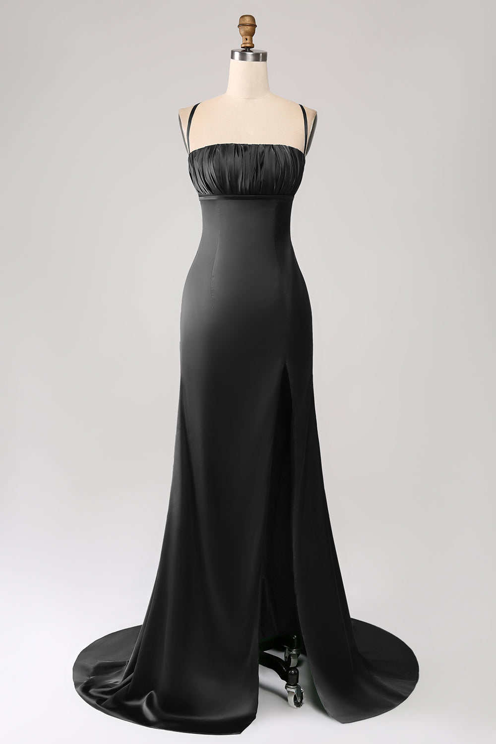 Vestido de fiesta de satén con tirantes de espagueti de sirena verde oscuro con plisado