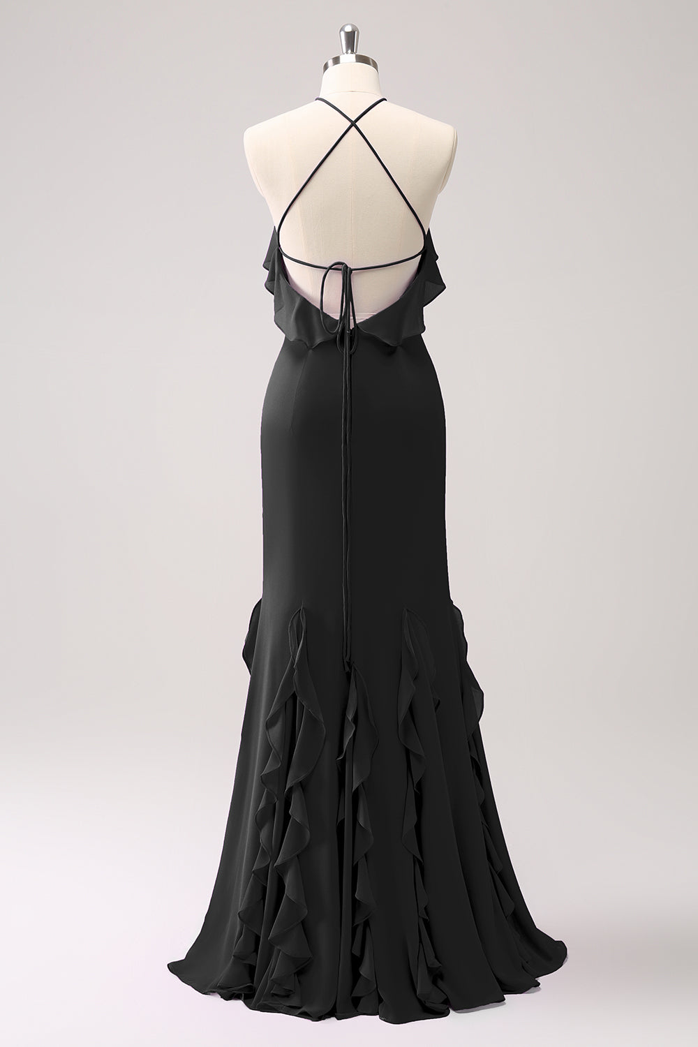Vestido largo de dama de honor de gasa con volantes halter de sirena de Tahití