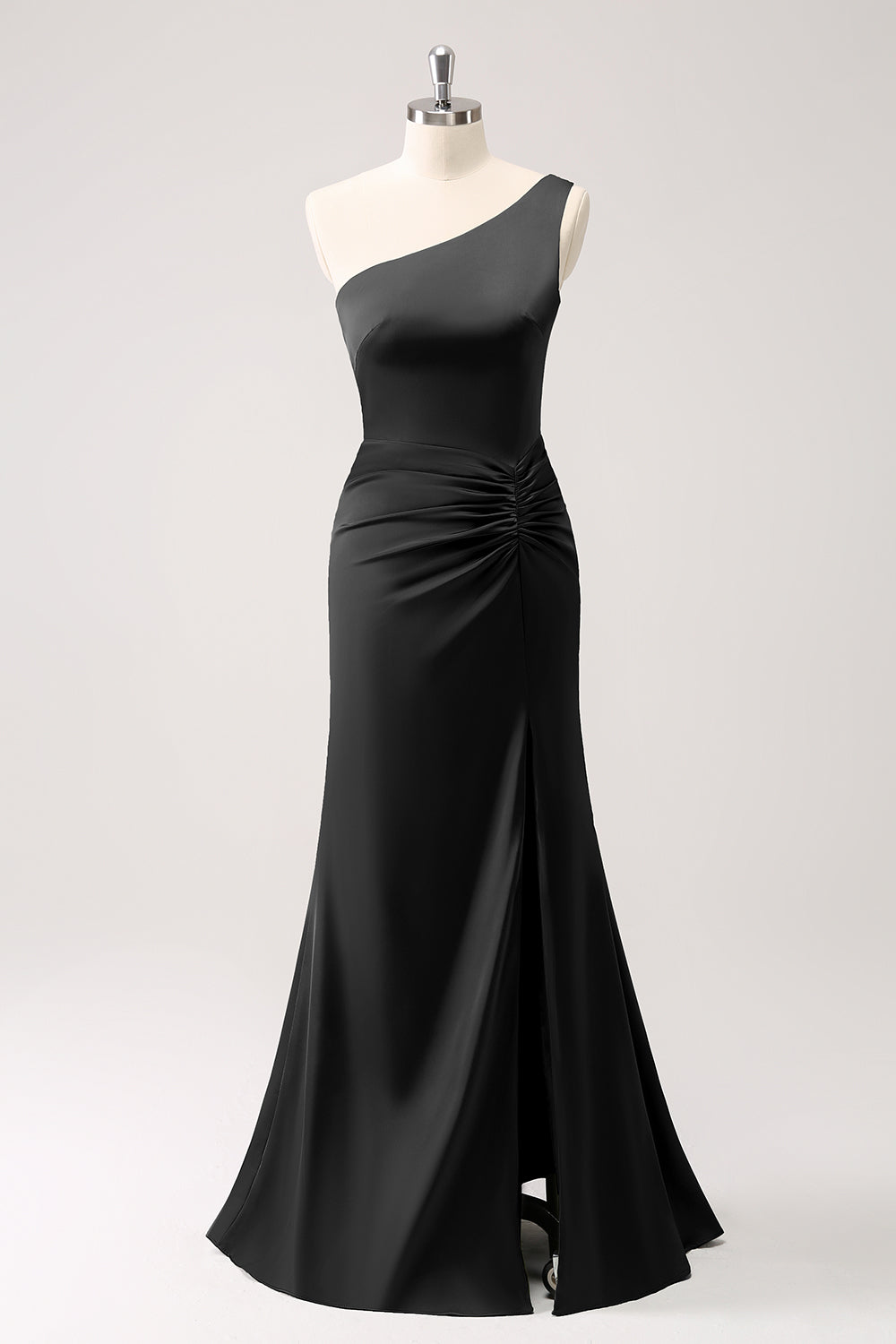 Vestido largo de dama de honor de satén de un hombro verde oliva