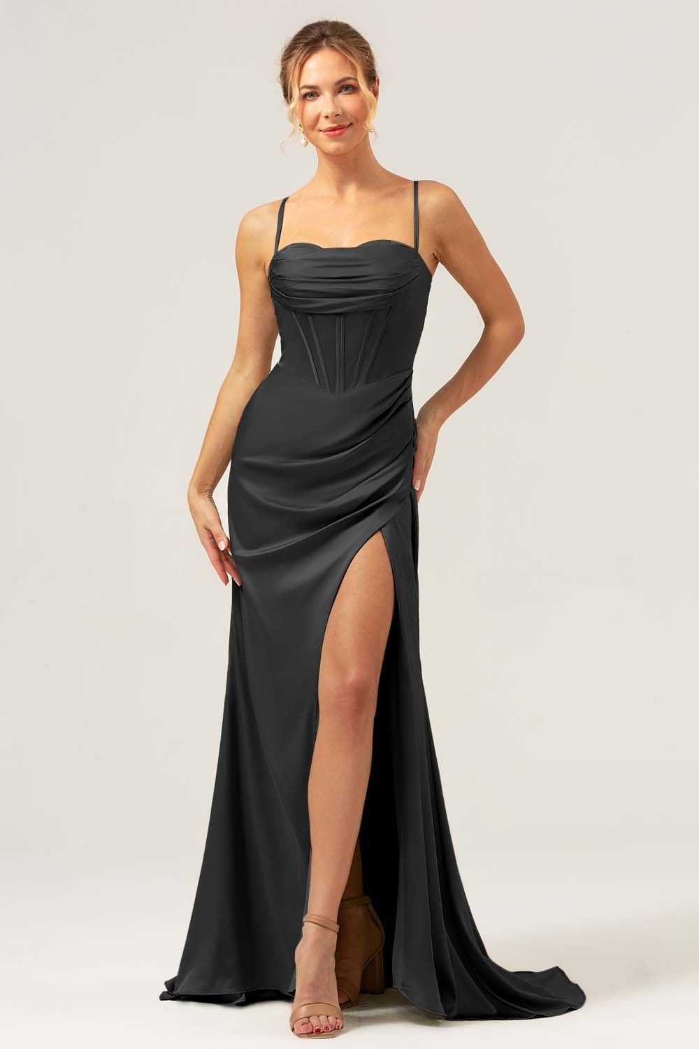 Sage Mermaid Spaghetti Tirantes Corsé Satén Vestido de Dama de Honor con Abertura