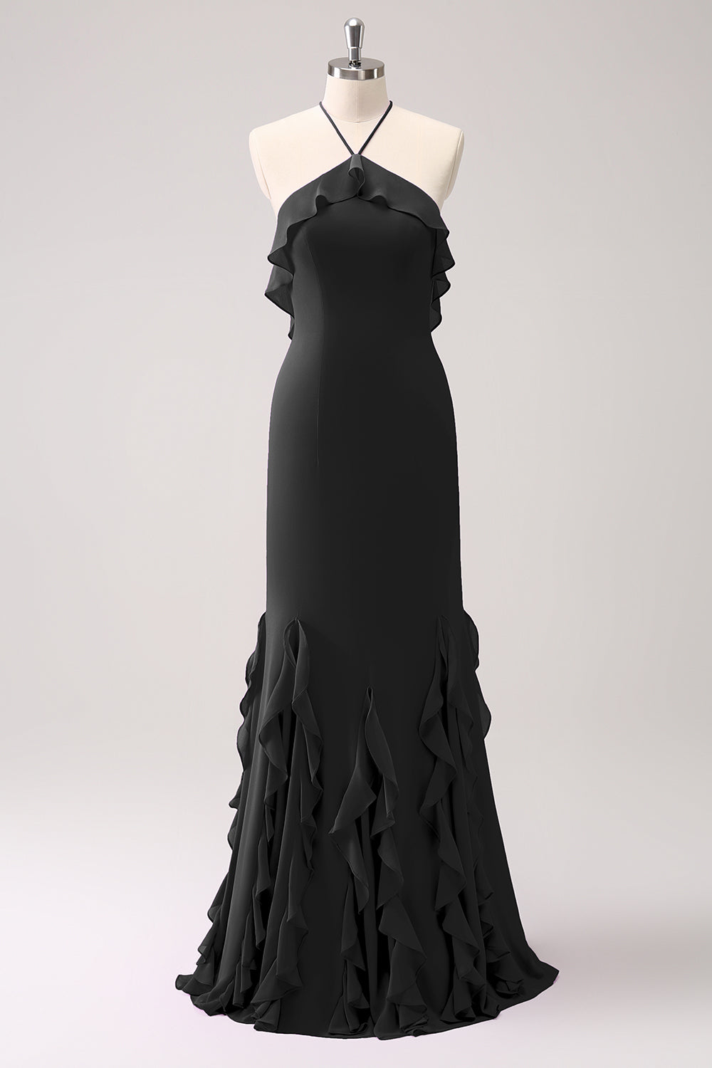 Vestido largo de dama de honor de gasa con volantes halter de sirena de Tahití