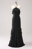 Vestido largo de dama de honor de gasa con volantes halter de sirena de Tahití
