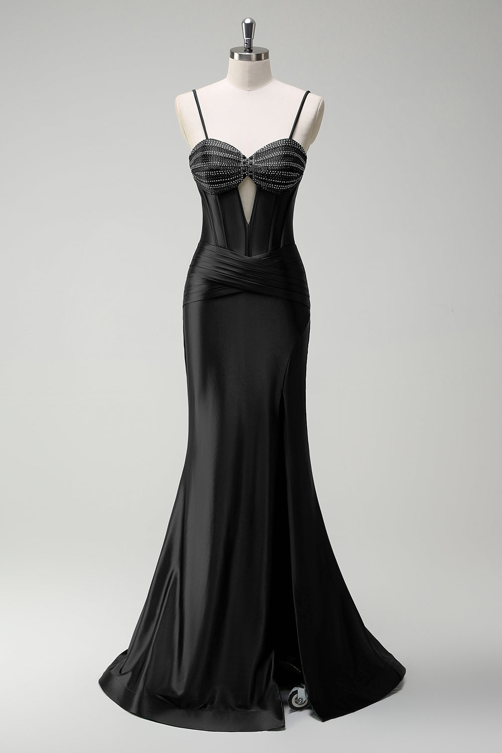 Corsé de cuentas de sirena verde oscuro brillante Vestido de fiesta largo de satén con abertura