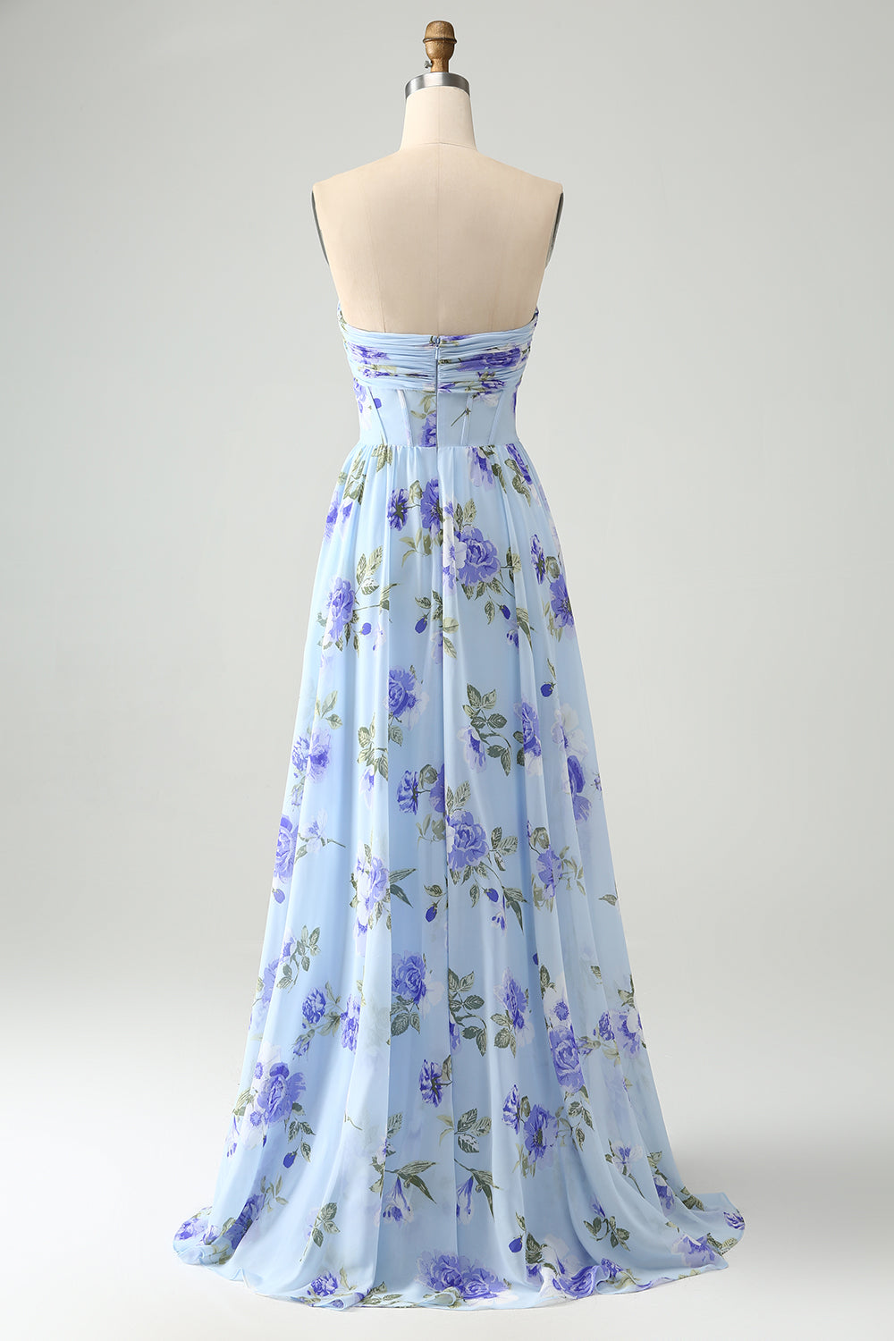 Vestido de invitada de boda largo plisado con estampado sin tirantes floral azul de una línea de novia