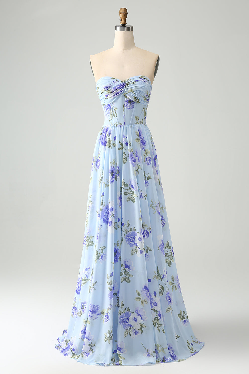 Vestido de invitada de boda largo plisado con estampado sin tirantes floral azul de una línea de novia
