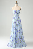 Vestido de invitada de boda largo plisado con estampado sin tirantes floral azul de una línea de novia