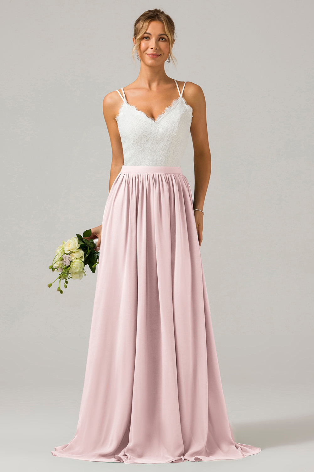 Vestido de dama de honor largo de gasa boho con espalda abierta de eucalipto con encaje