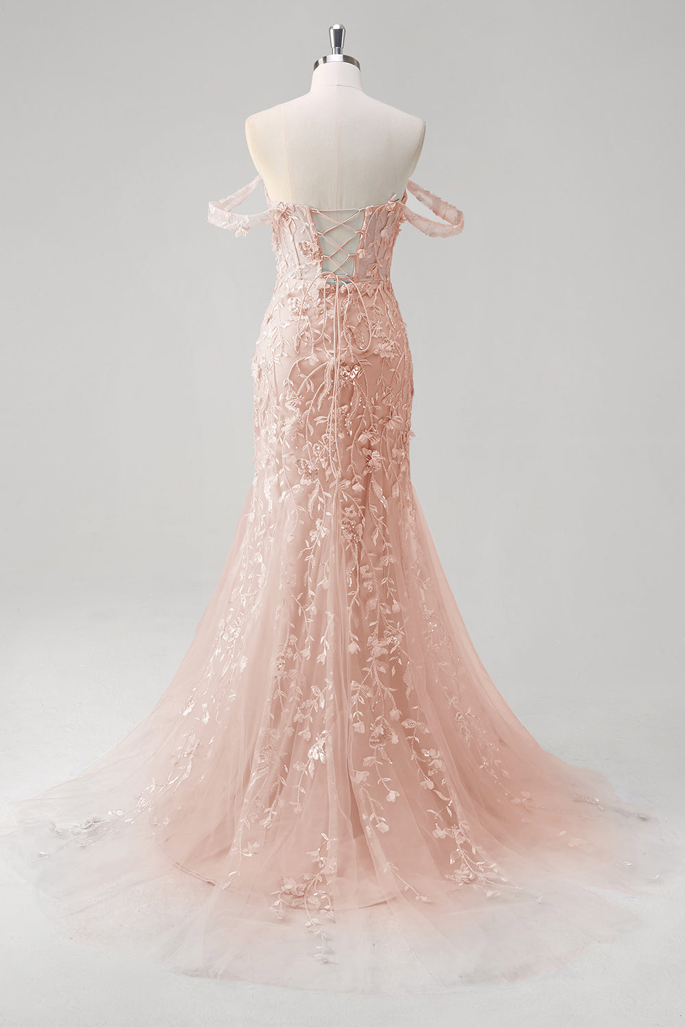 Vestido de fiesta azul con corsé con apliques de sirena con hombros descubiertos