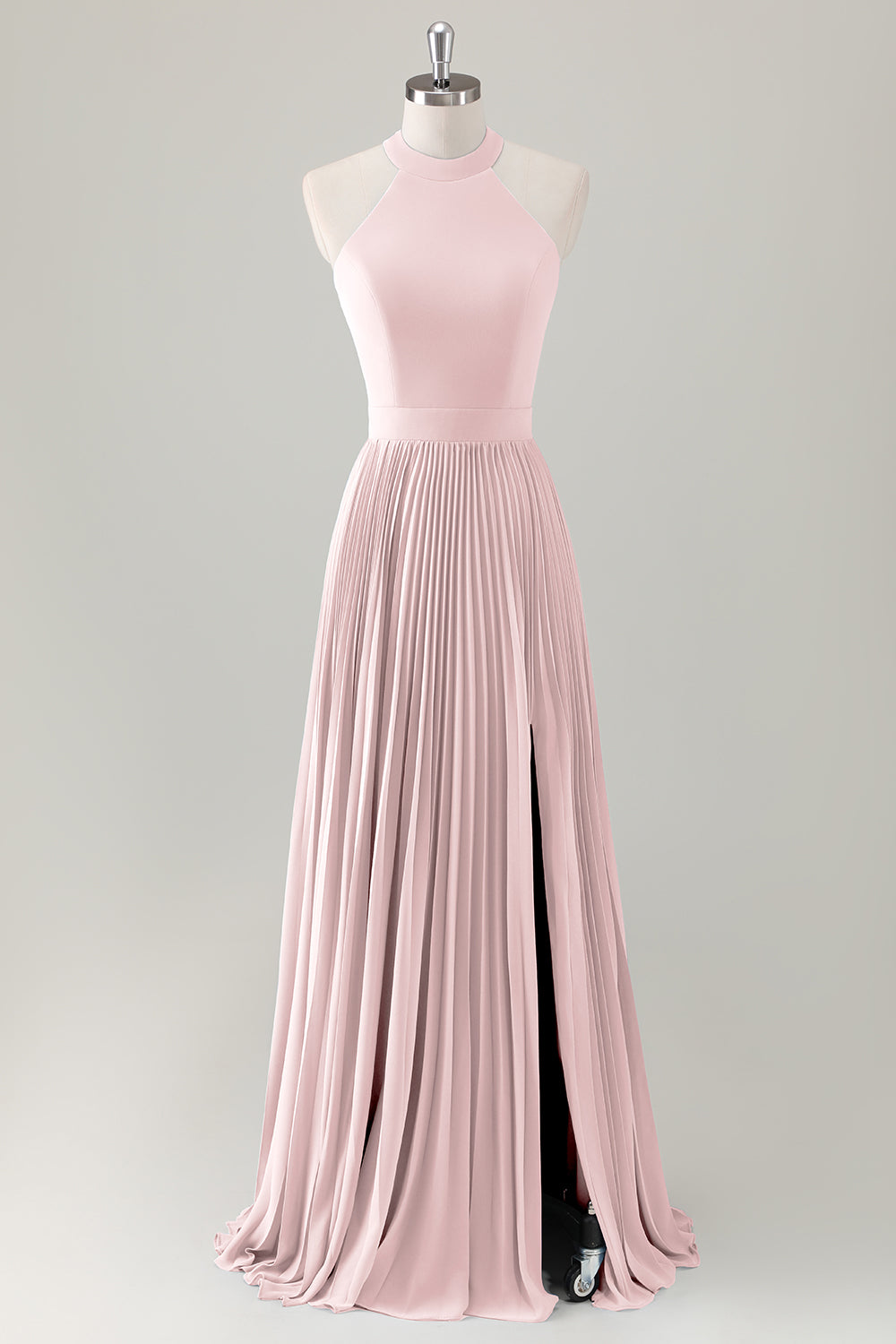 Vestido de dama de honor largo halter azul grisáceo con abertura