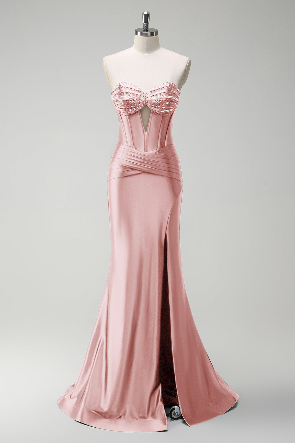 Corsé de cuentas de sirena verde oscuro brillante Vestido de fiesta largo de satén con abertura