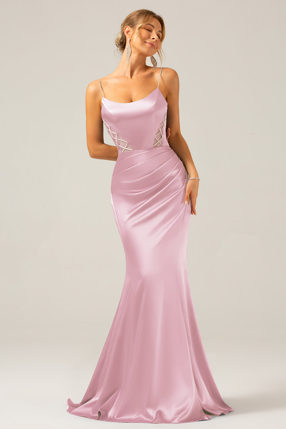 Vestido largo plisado de tirantes de satén gris azul sirena