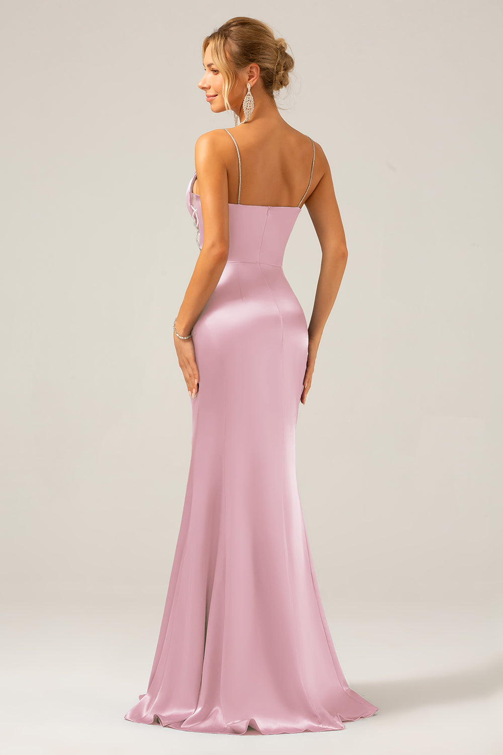 Vestido largo plisado de tirantes de satén gris azul sirena