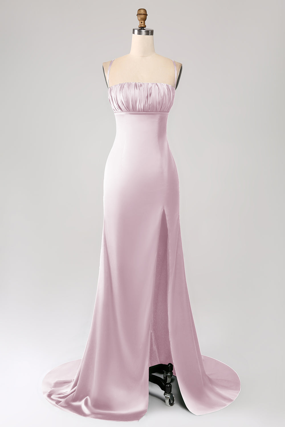 Vestido de fiesta de satén con tirantes de espagueti de sirena verde oscuro con plisado