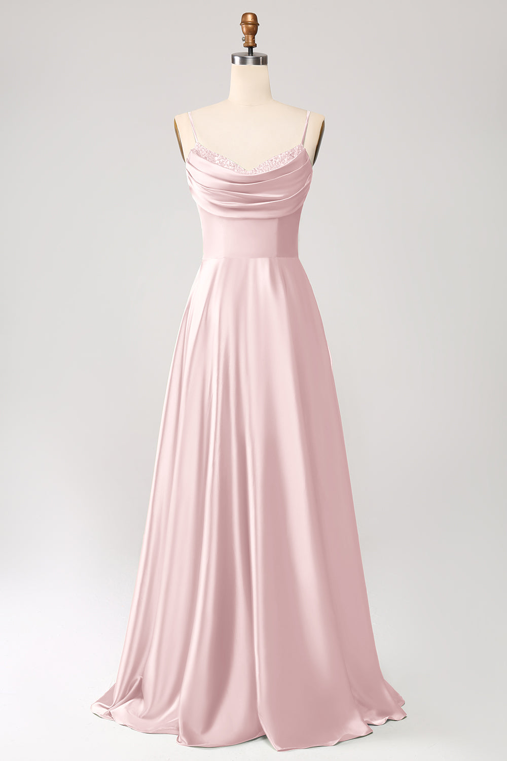 Salvia Polvorienta Una línea Cuello Capucha Satén Vestido Largo De Fiesta Con Plisado