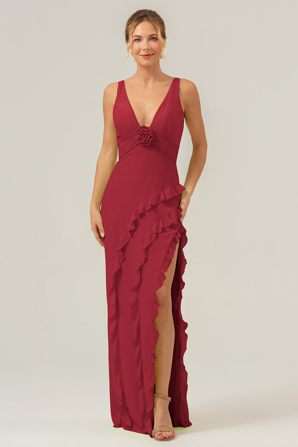 Vestido de dama de honor largo con escote en V profundo y cuello en V profundo con abertura de volantes