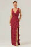 Vestido de dama de honor largo con escote en V profundo y cuello en V profundo con abertura de volantes