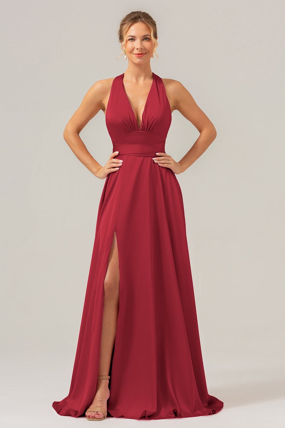 Vestido de dama de honor largo de satén sin espalda con escote en V rosa A Line con abertura