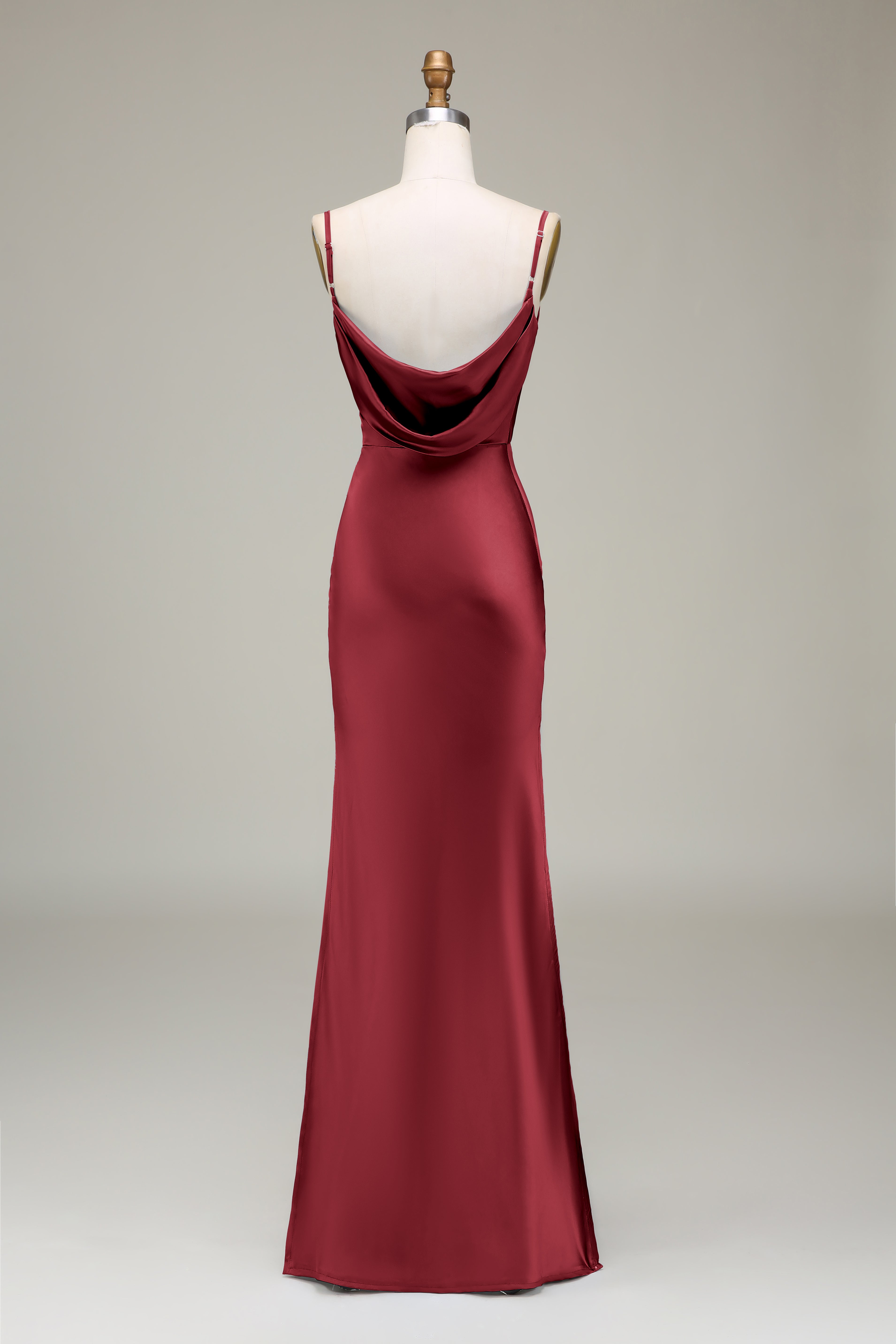 Vestido de dama de honor largo de satén con correas de espagueti de vaina azul polvoriento