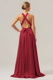 Vestido de dama de honor largo de satén sin espalda con escote en V rosa A Line con abertura