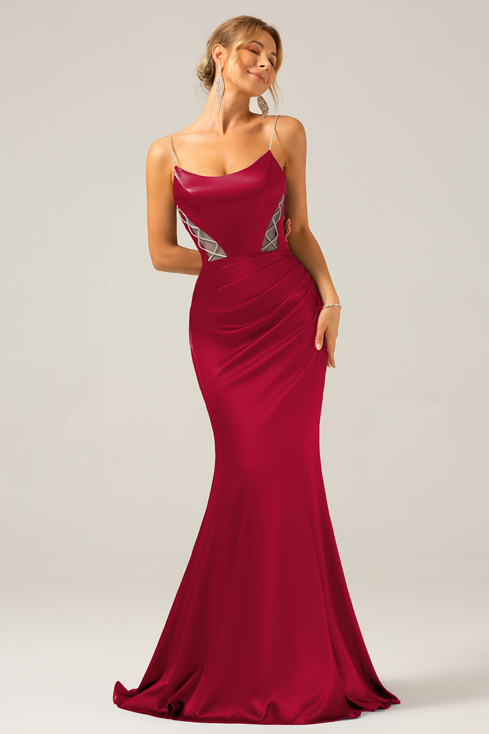 Vestido largo plisado de tirantes de satén gris azul sirena