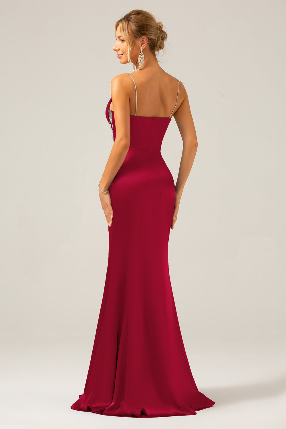 Vestido largo plisado de tirantes de satén gris azul sirena