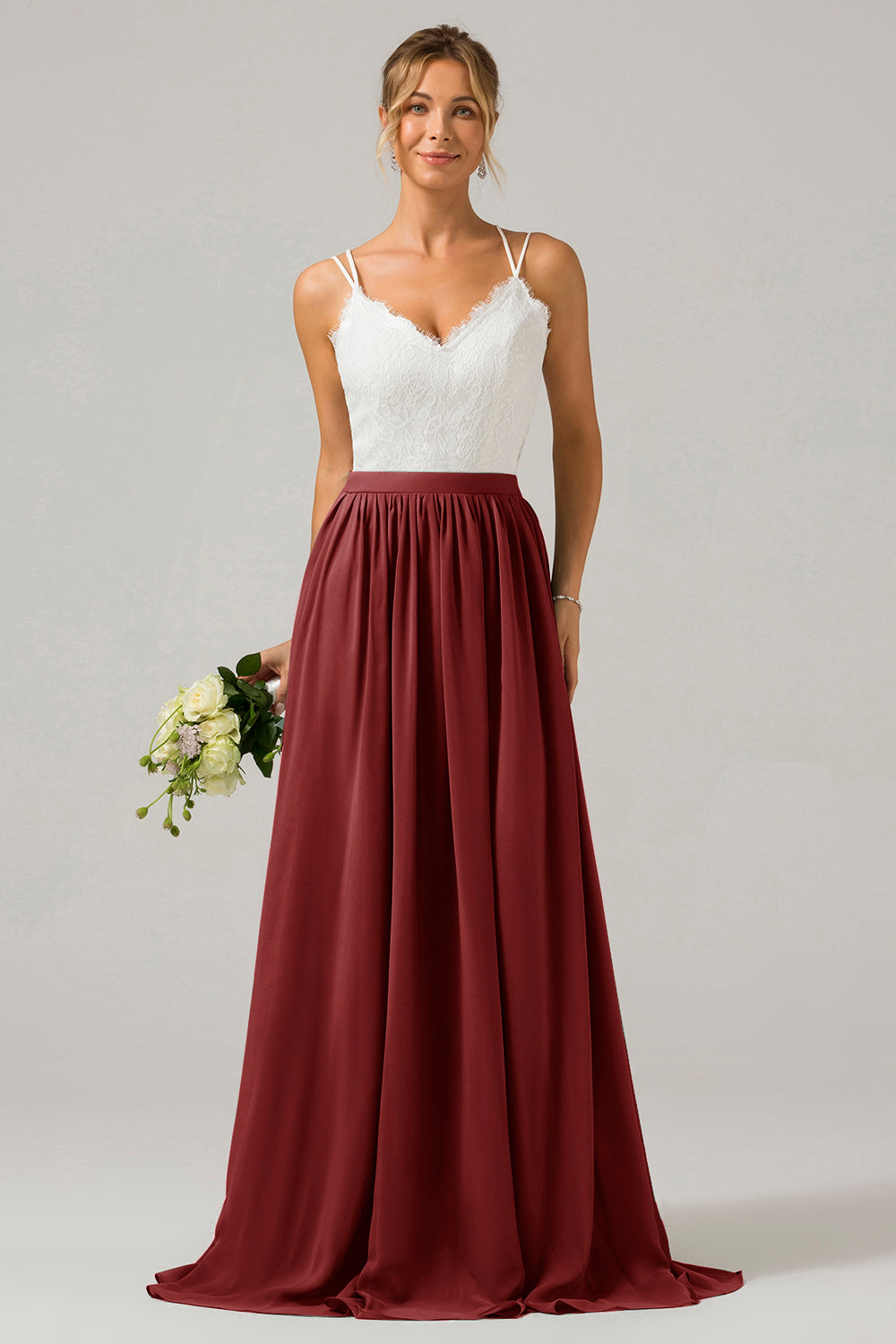 Vestido de dama de honor largo de gasa boho con espalda abierta de eucalipto con encaje