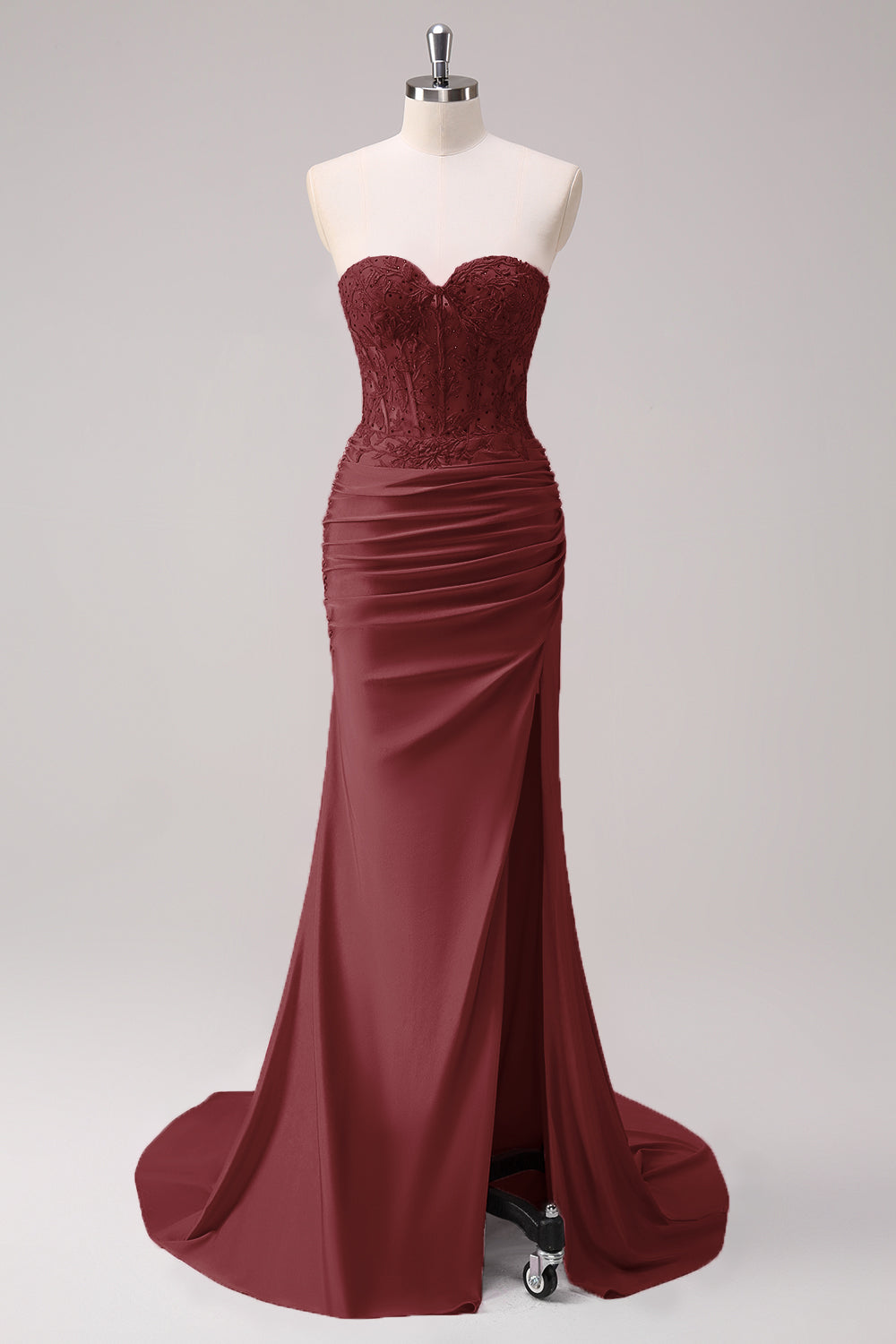Corsé Fucsia Sirena Strapless Corsé Fruncido Vestido de Fiesta Largo con Abertura