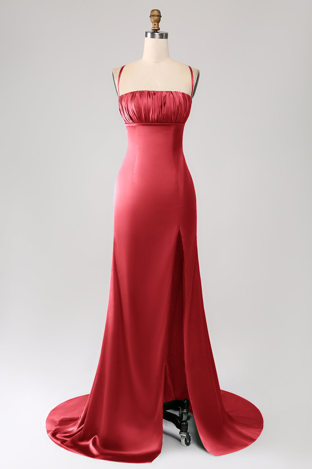 Vestido de fiesta de satén con tirantes de espagueti de sirena verde oscuro con plisado